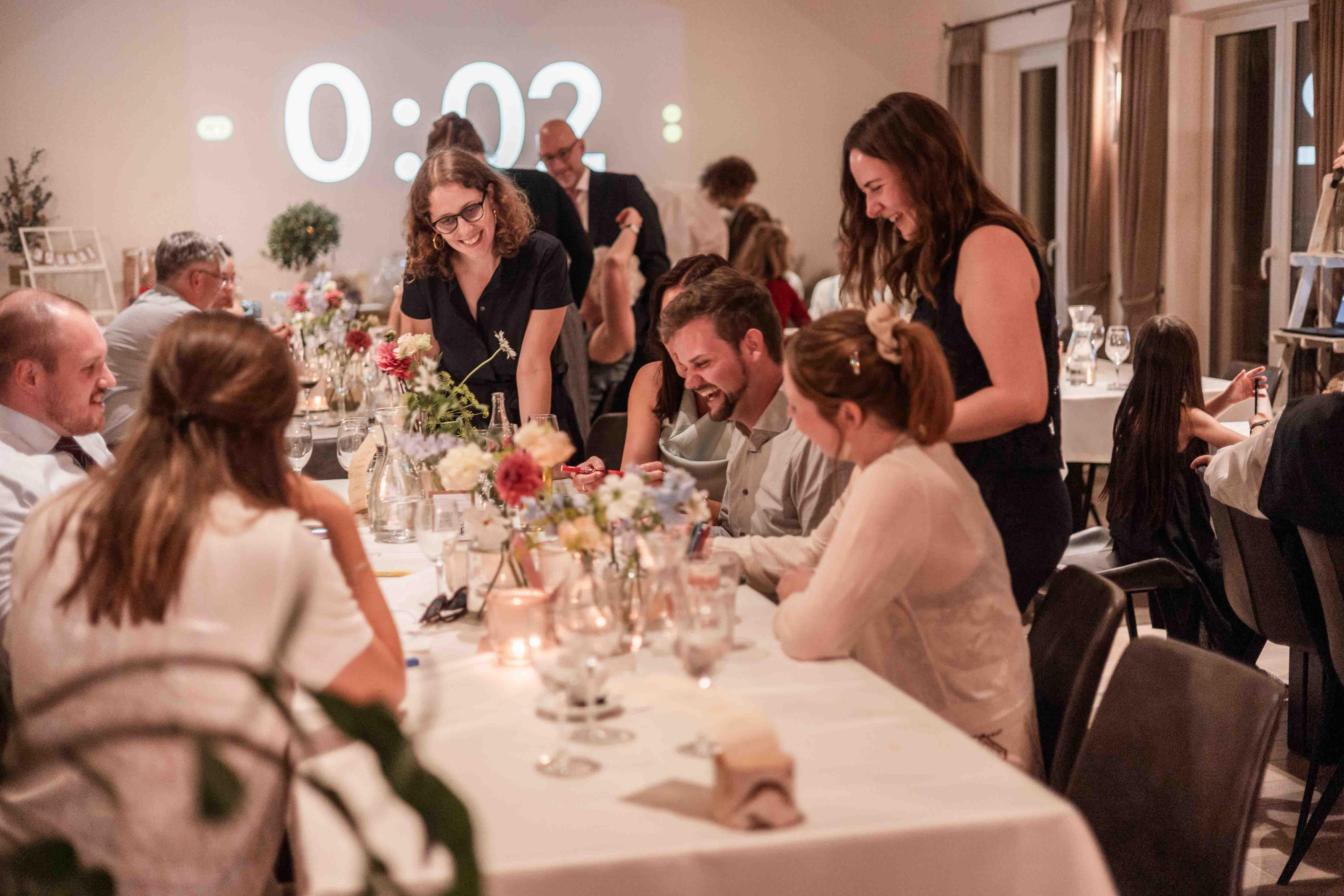 Hochzeitsfoto der Gäste in der Lokation an den Tischen sitzend - Im Hintergrund ist ein Timer auf 2 Sekunden zu sehen