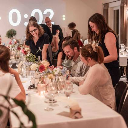 Hochzeitsfoto der Gäste in der Lokation an den Tischen sitzend - Im Hintergrund ist ein Timer auf 2 Sekunden zu sehen